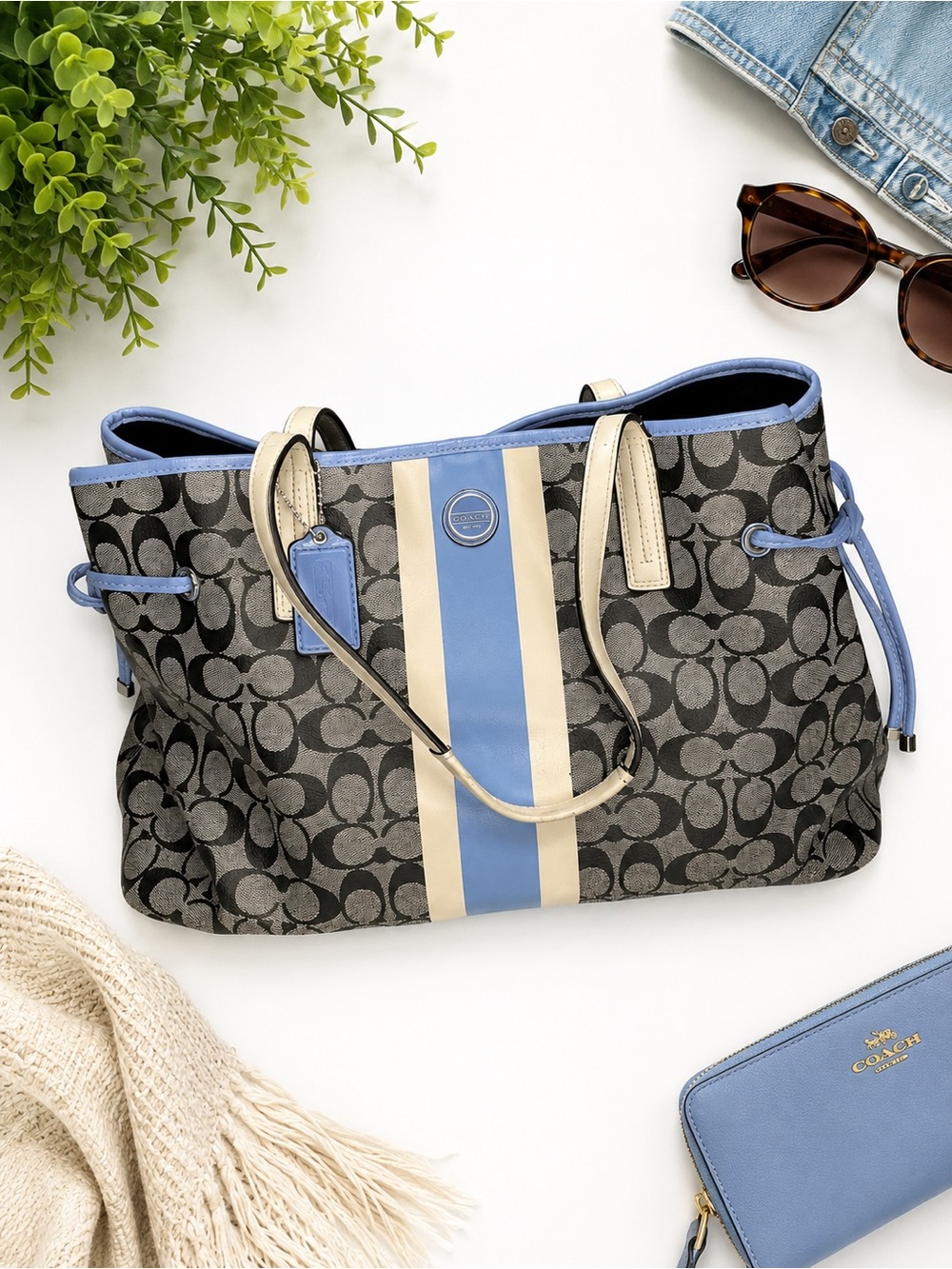 Coach Signature Stripe Drawstring Tote Bag Blue Canvas Leather F23049